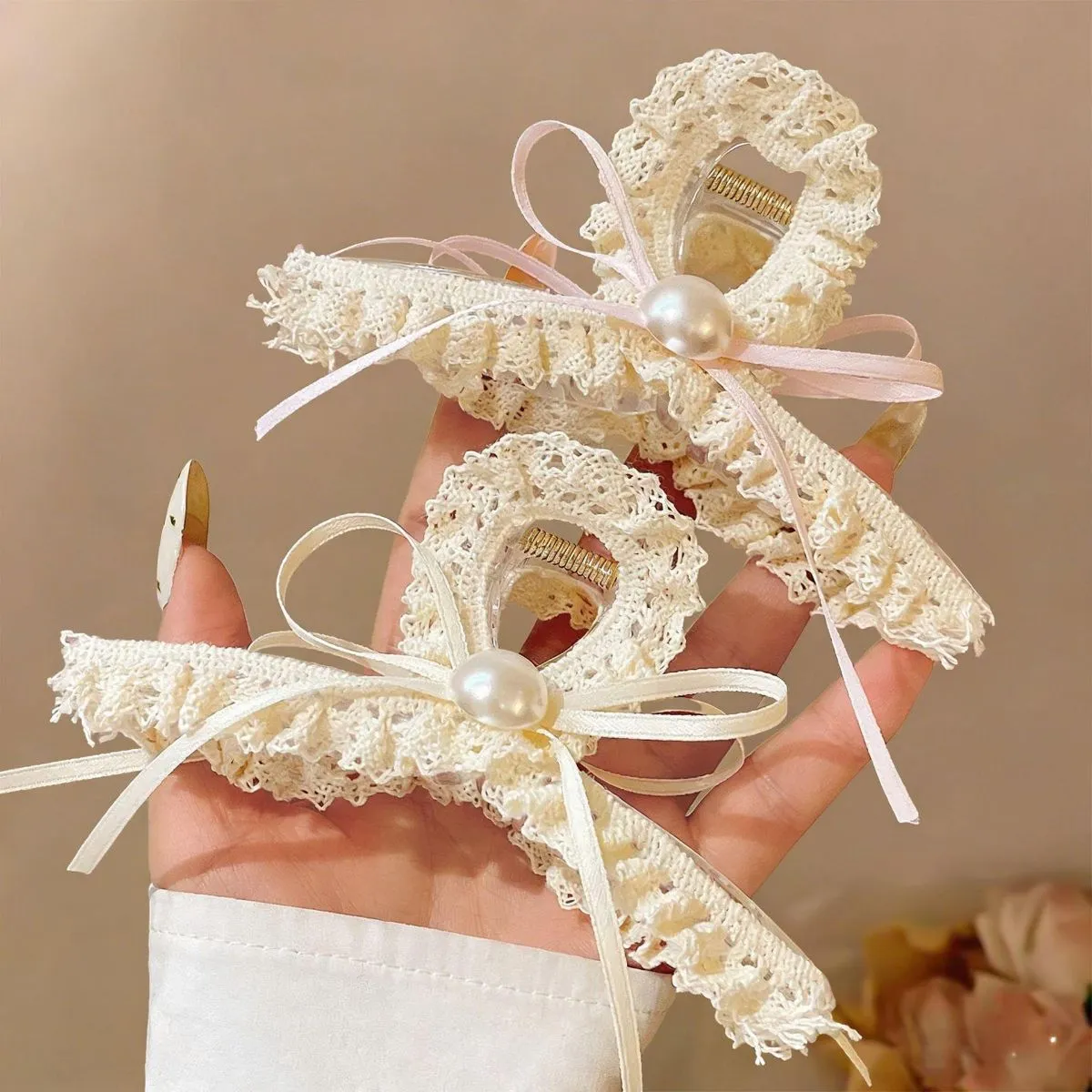 French Lace Pearl Bow Claw Clip for Women – Large Jumbo Shark Hair Clip for Back-of-Head Buns, Elegant Premium Hair Accessory with Delicate Lace & Pearl Details